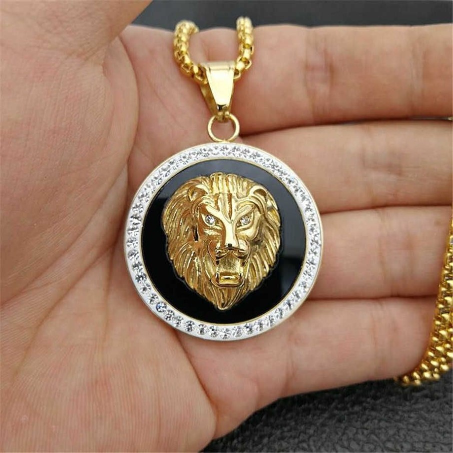 Hip Hop Charm Out Bling Golden Lion Head Wisianty Naszyjniki Mężczyzna Złoty Kolor Złotego Kolor Stal nierdzewna Łańcuch Rock Prezent dla mężczyzn H271W