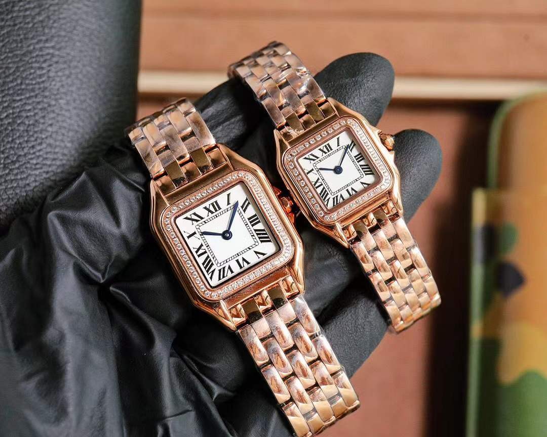 New Women Men Square Panther Quartz Watch Blue Pointer Roman Number Wristwatch Couples Zircon Panthere Watch Stainless Steel cz Diamond Animal Clock 22mm 27mm