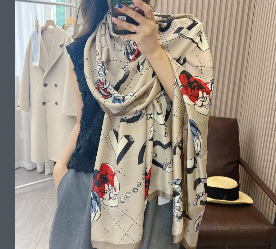Luxe zijden lange sjaal vrouwen 2024 Nieuwe designer satijnen bloemen bloem bedrukte zachte nek ringen pashmina sjaals sjaals 180x90 cm