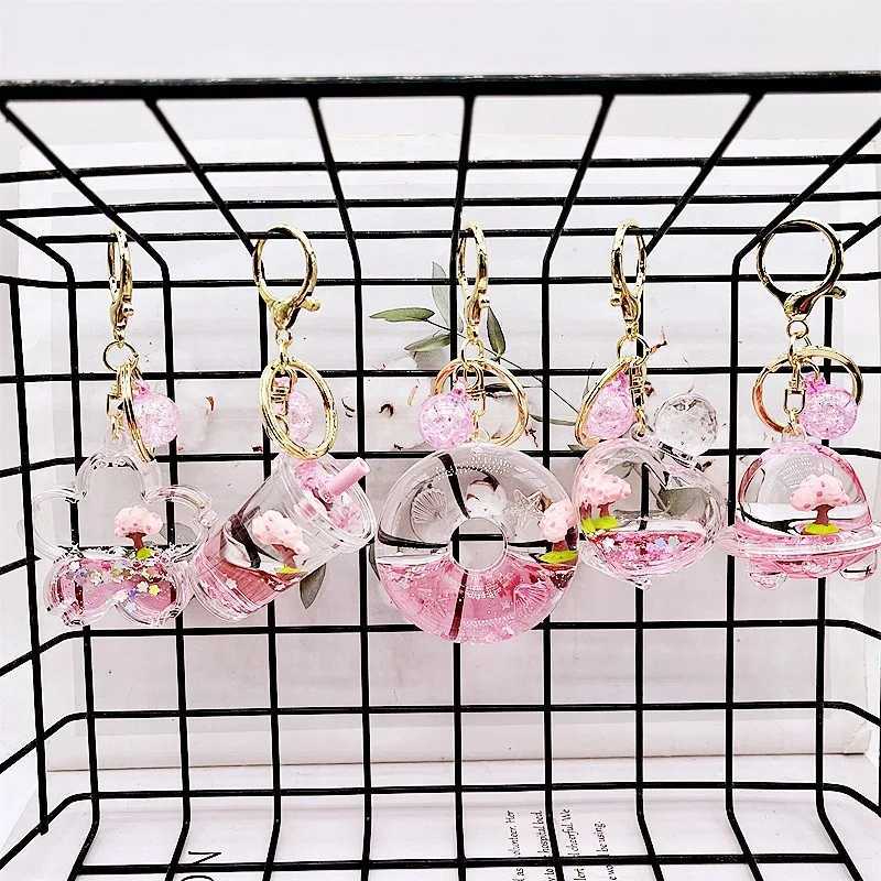 Keychains Lanyards Internet Celebrity Acrylic Liquid Cartoon Girlish Sakura Diary Cherry Tree Oil Quicksand Bottle Keychain Pendant Chain