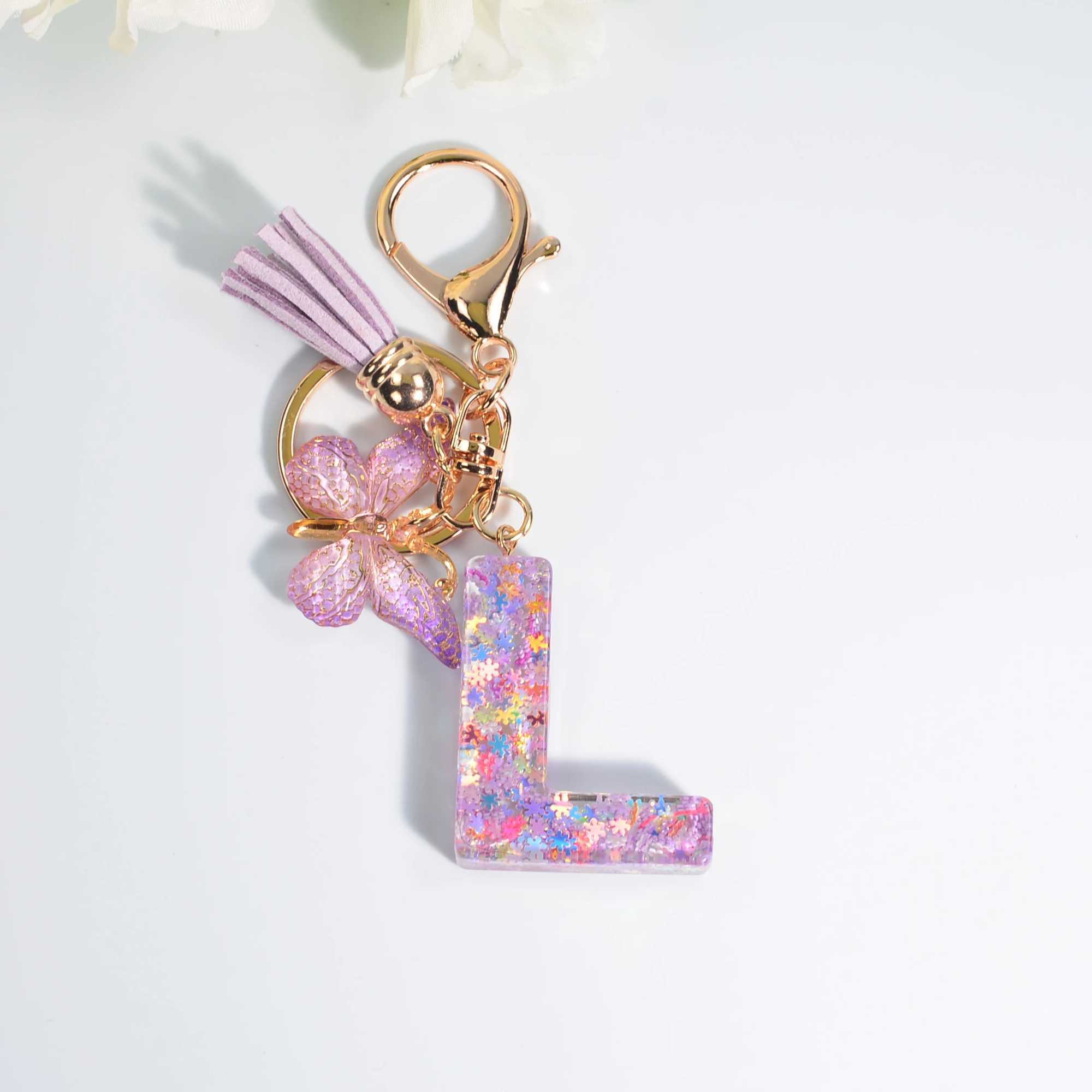 Keychains Lanyards utsökta A-Z 26 Brev harts Butterfly Keychain Purple Snowflake Sequin Filled Letter Keyring Car Keychain Pendant