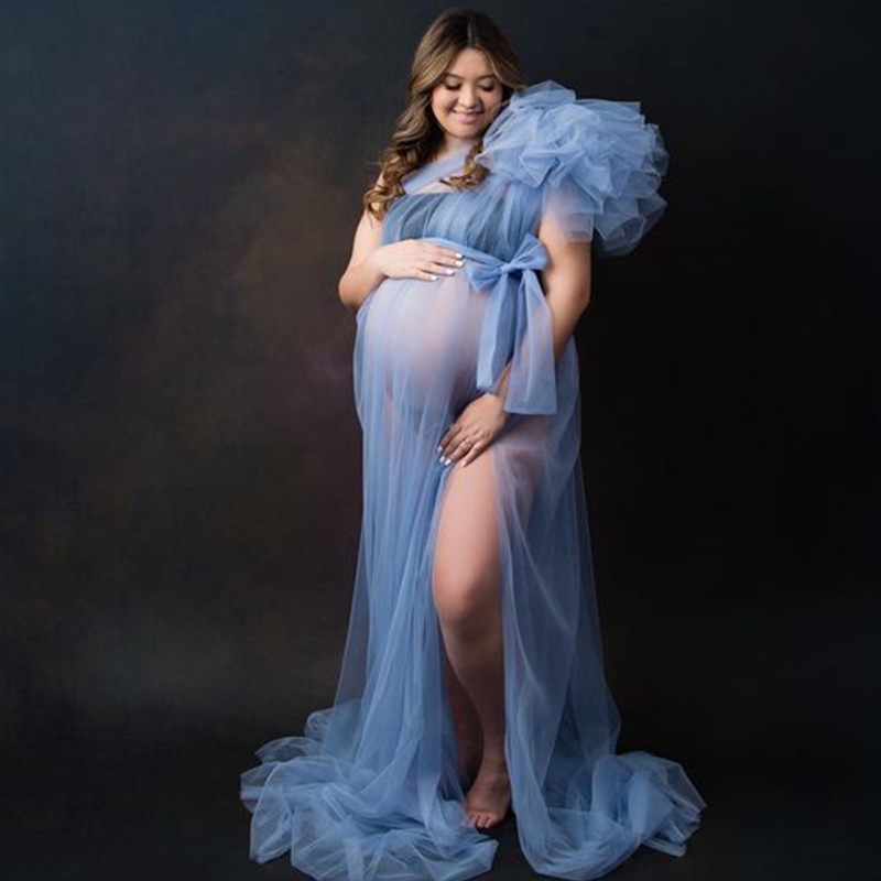 Elegant One Shoulder Tulle Maternity Dresses See Through Sexy Women Dressing Gowns For Photography