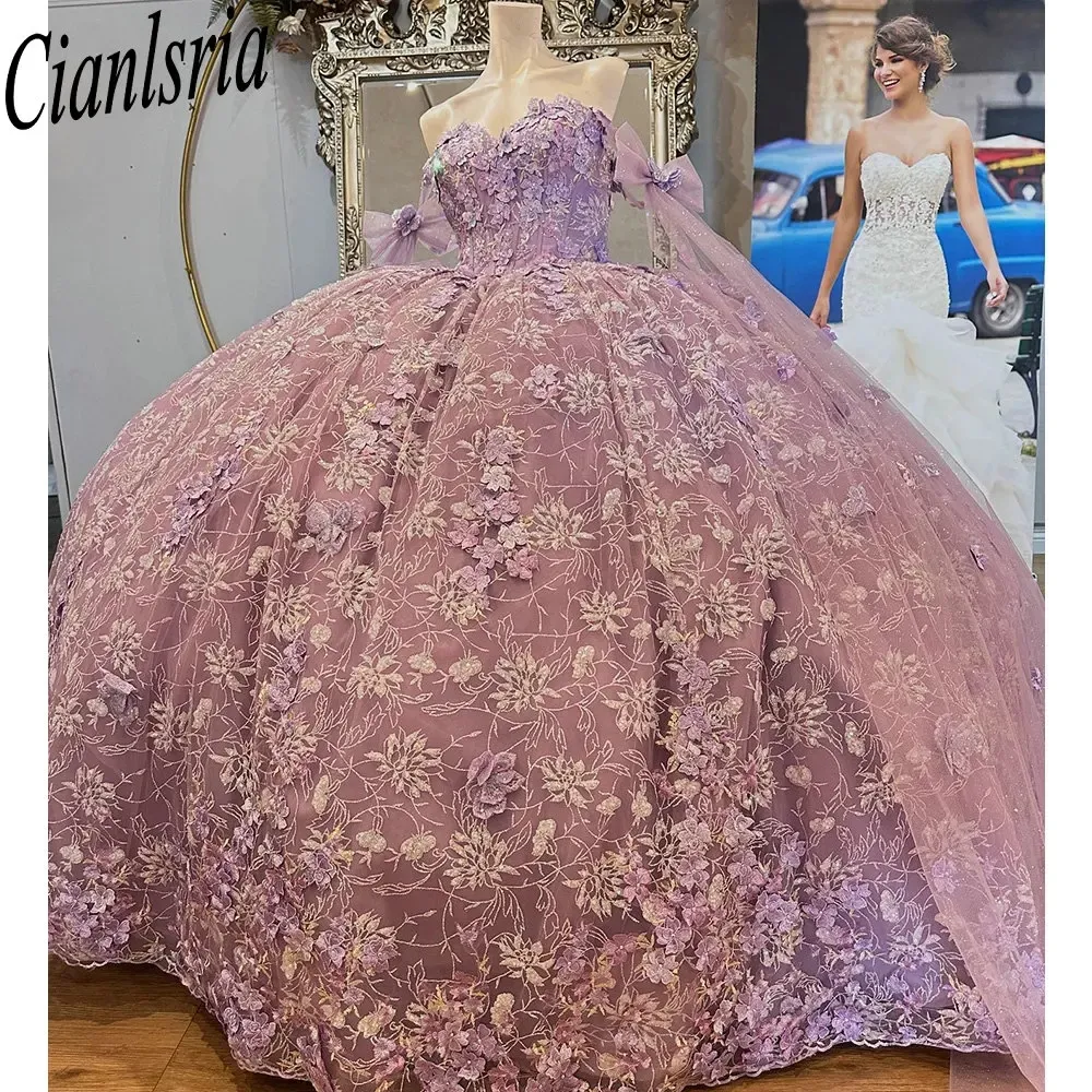 Lilac hors de l'épaule Crystal en dentelle Crystal Robe Quinceanera Robe 3d Fleurs Ribbons Bow Corset Vestidos de XV Anos