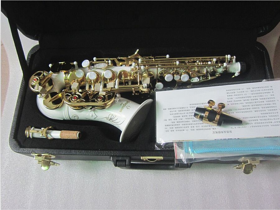 Nieuwe gebogen sopraansaxofoon S-991 Wit Sax Musical Instrument Mondstuk Professionele uitvoering