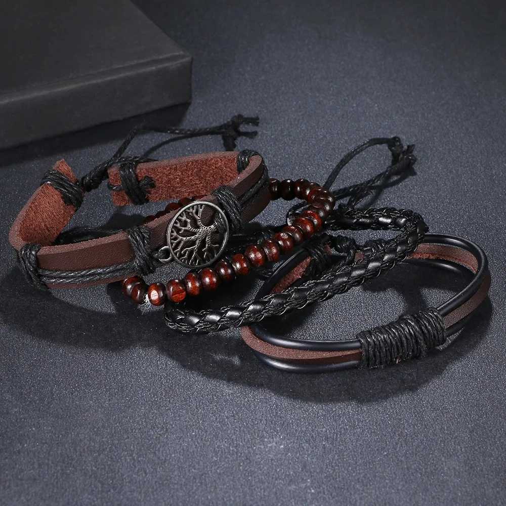 Other Bracelets / Set Braided Wrap Leather Bracelets For Men Vintage Life Tree Rudder Charm Wood Beads Ethnic Tribal WristbandsL240415