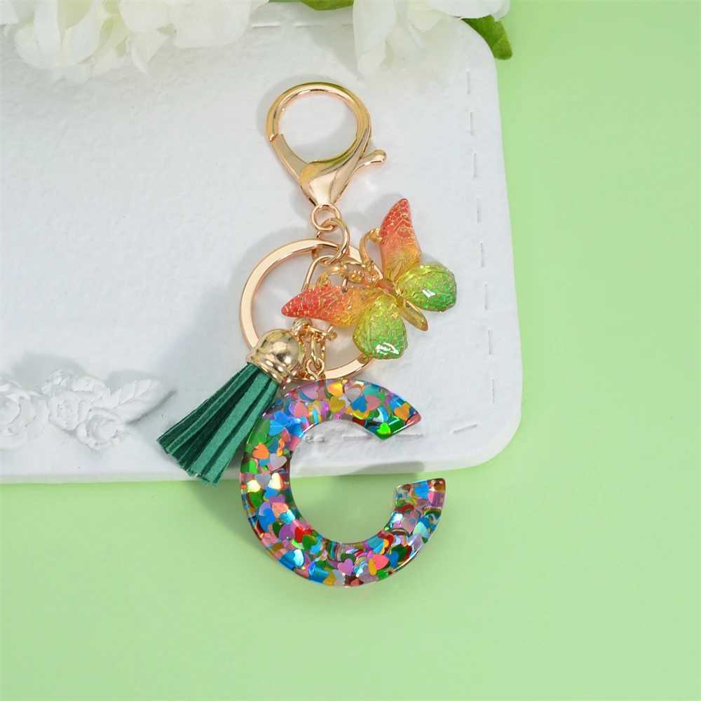 Keychains Lanyards A to Z Heart Sequins Filled Letter Keychain For Women Purse Charms Fashion Gradient Color Butterfly Tassel Pendant with Keyring