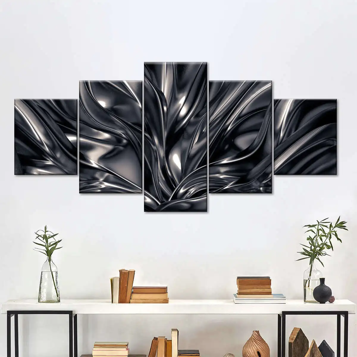 5 painéis de parede abstrata preto e prata, moderna pintura de lona de seda perolada, para decoração de parede da sala de estar, cuadros