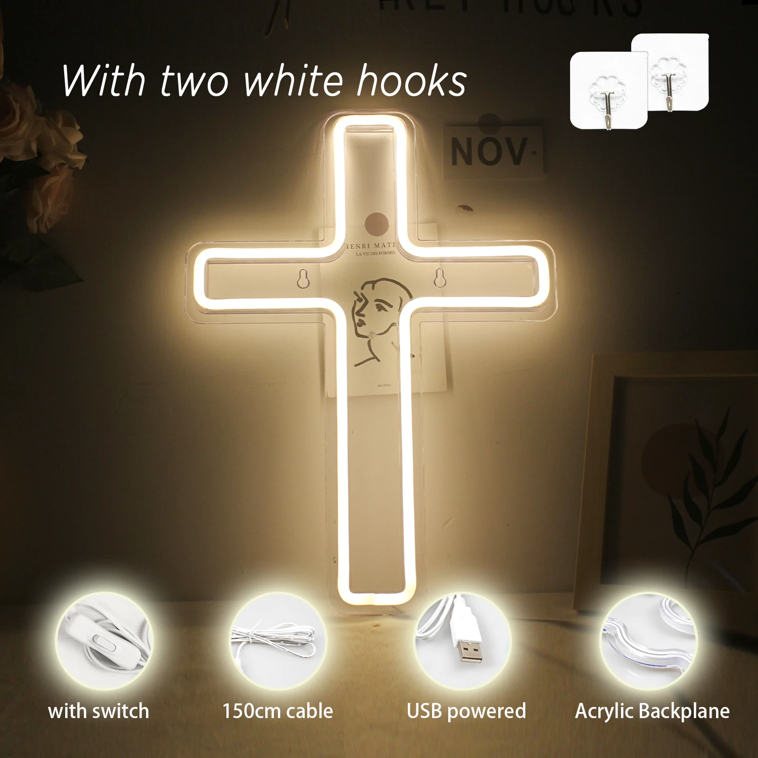 علامة Neon LED Cross على شكل USB مع Switch Wall Art Hanging Lamp لقضاء عطلة حفل زفاف نادي المنزل ديكور الغرفة 0415