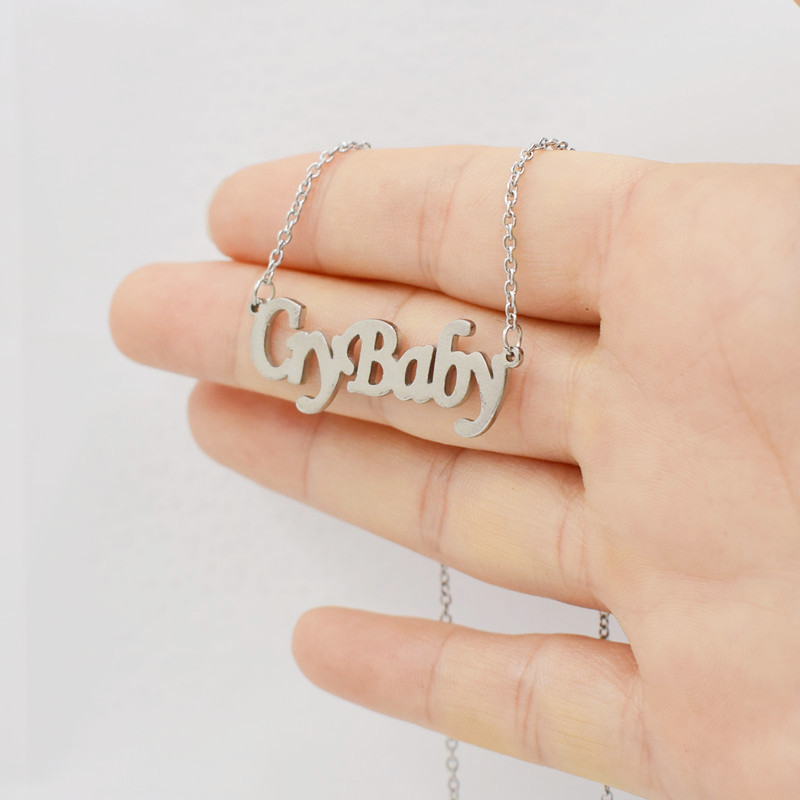 Cute Gothic Crybaby Letter Necklace Cry Baby Word Stainless Steel Cursive English Script Charm Chain Choker for Women Girl Child