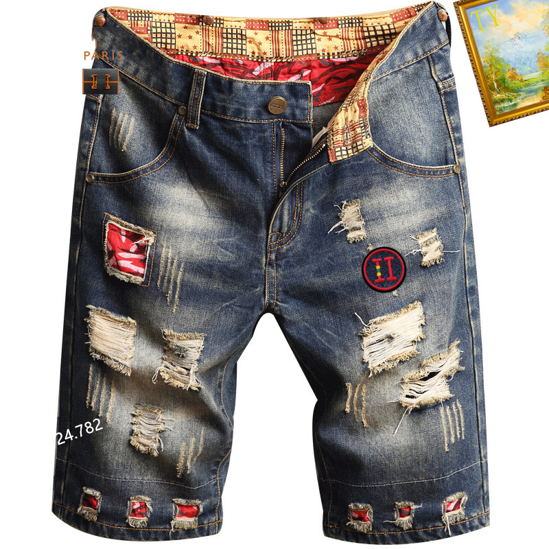 Jeans courts pour hommes trous droits pantalons en denim serré club de nuit décontractée Blue Summer Italie Style Jeans
