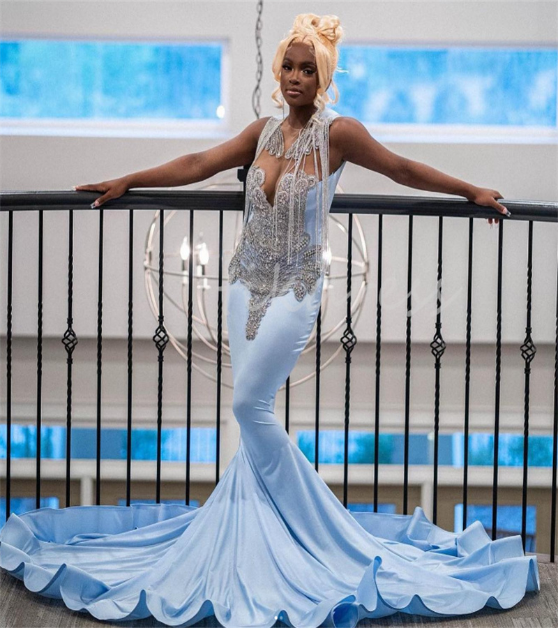 Gorgeous Light Blue Diamond Prom Dresses For Black Girls Trumpet Mermaid African Evening Dress 2024 Tassel Plus Size Formal Party Dress Vestidos De Fiesta Noite