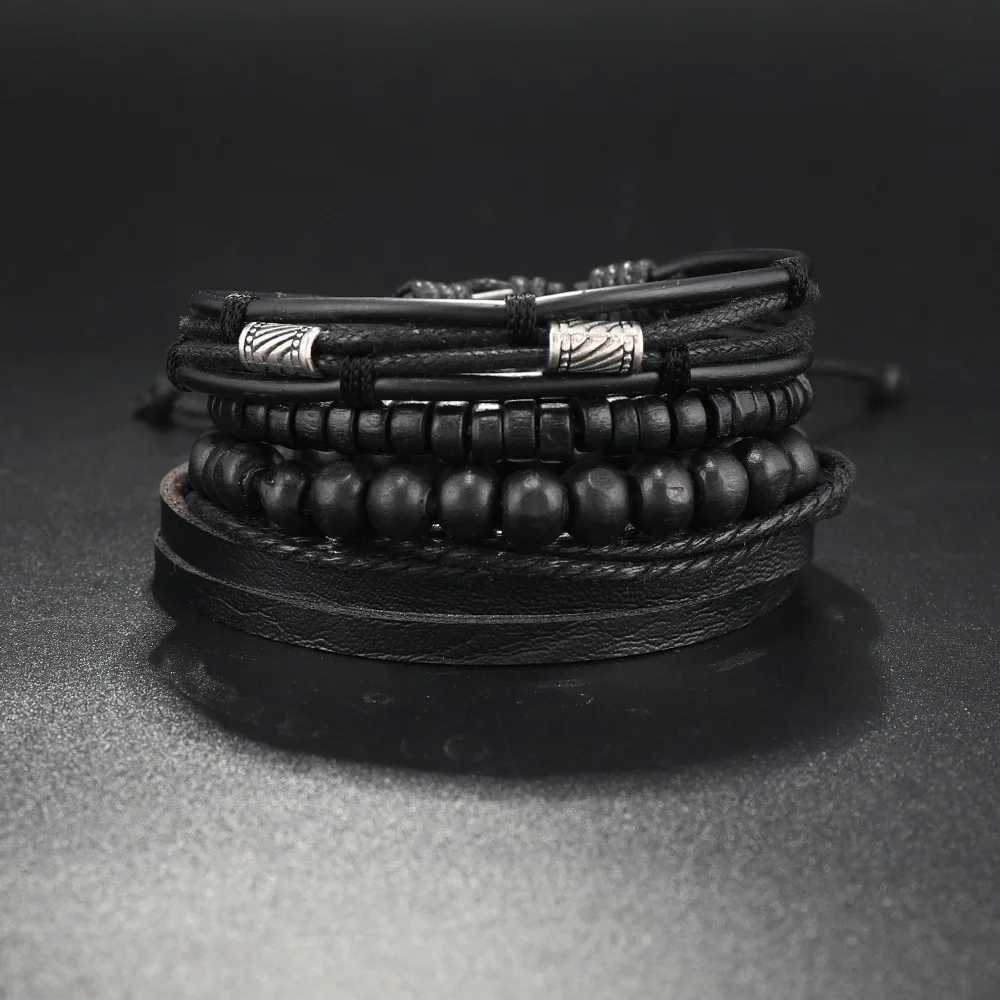 Andere Armbänder Lederarmband Männer handgewebte Perlen-Lederarmband Mehrschicht-Set mit verstellbarem Armband Charme Armband Männer Accessoiresl240415