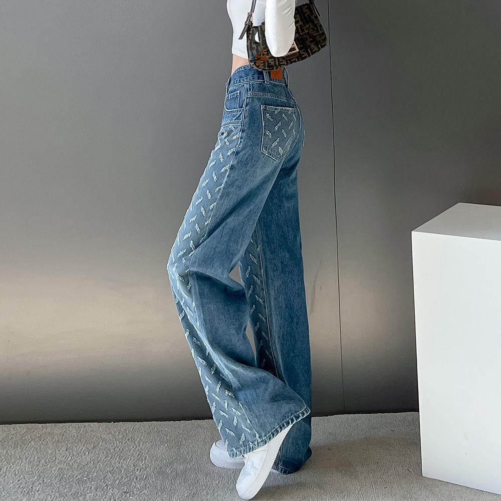 New women high waist ripped denim jeans wide leg loose long pants trousers XSSMLXLXXL