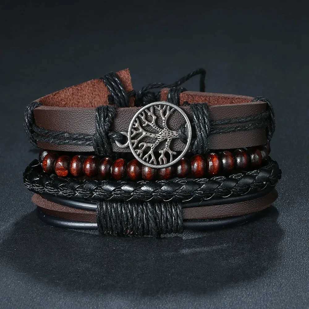 Other Bracelets / Set Braided Wrap Leather Bracelets For Men Vintage Life Tree Rudder Charm Wood Beads Ethnic Tribal WristbandsL240415