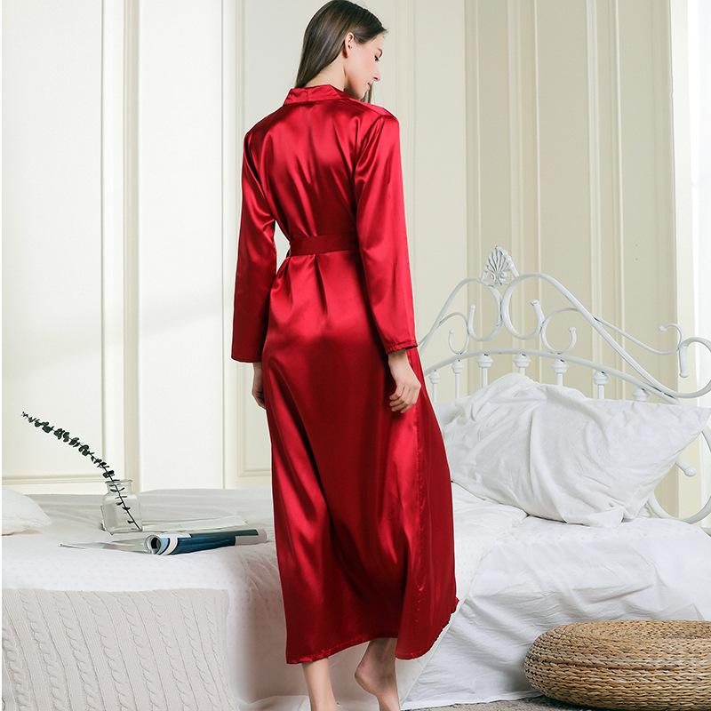 Пижама леди имитация шелковая лацка длинная халата сексуальная шнурка