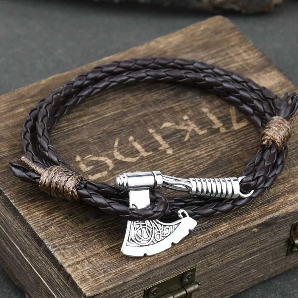 Other Bracelets Mens Axe Viking Bracelet Irish Knot Hatchet Handmade Braided Multilayer Leather Pirate Bracelet For Male Hand JewelryL240415