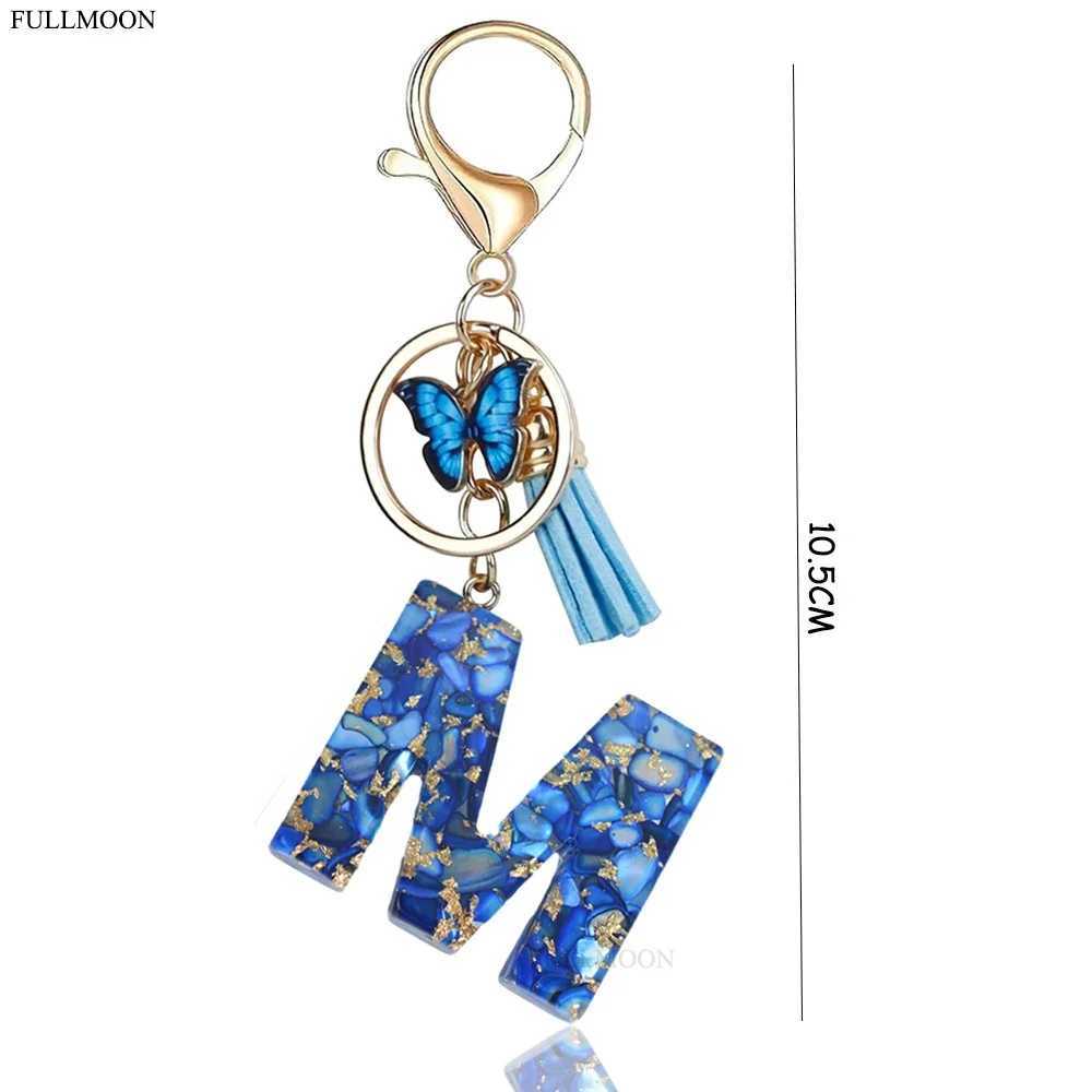 Keychains Lonyards Blue Butterfly 26 Initiales Keychain Mignon de lettre de lettre A-Z avec pendentif à gland pour les femmes sacs à main sac à main