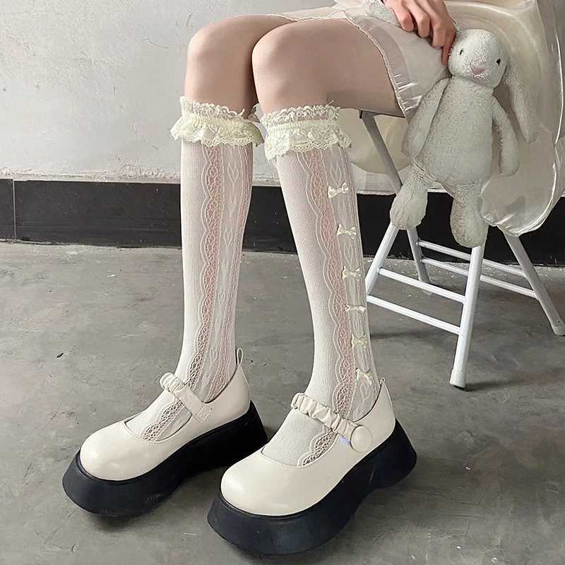 Çoraplar Çorap Düz Renk Bowknot Hollow Dant Çoraplar Kadın Yaz Orta Tüp JK Lolita Sevimli Çoraplar Siyah Beyaz Fishnet Çorapları Kadınlar İçin