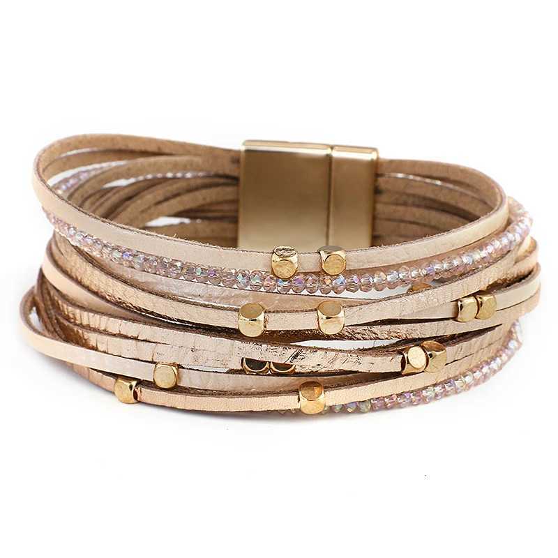 Other Bracelets ALLYES Champagne Genuine Leather Bracelets for Women Boho Multilayer Metal Charm Resin Beads Wrap Bracelets Fashion JewelryL240415