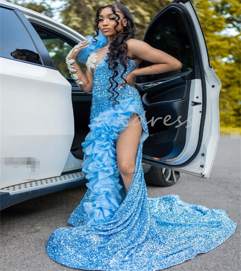 Wunderschöne blaue Pailletten -Abschlussballkleider mit hohen Schlitz elegante Rüschen Meerjungfrau Afrikanische Abendkleid 2024 Plus Größe formelle Kleider Geburtstagstanzparty Vestidos de Festa