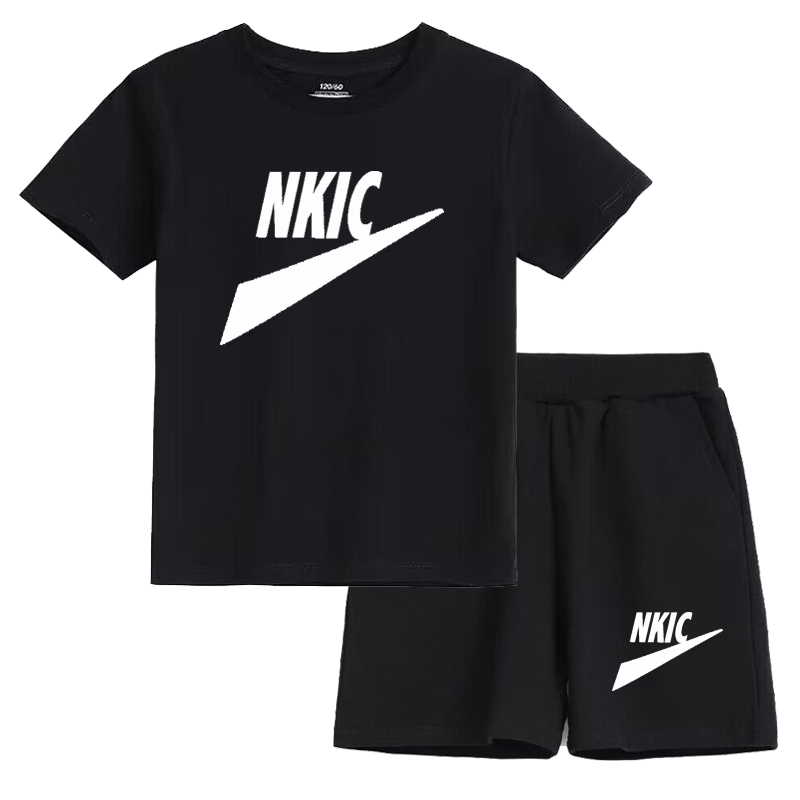 Summer Brand White Black T-shirt Shorts Children's Short Sleeve Set 100% Cotton Tees Tracksuits Boys Girls Clothes Casual Two Piece 1-15 Years