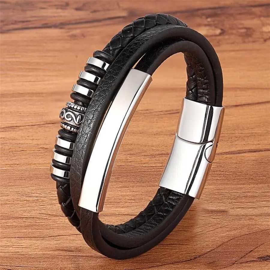 Outras pulseiras tyo moda aço inoxidável charme magnético Men Black Men Bracelet Leather Genuine trançado punk rock bangles de jóias acessóriosl240415