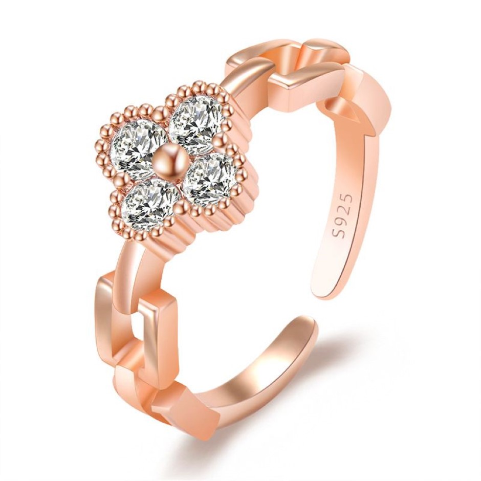 Корейская сладкая модная конструкция Clover Designer Rings для женщин CZ циркон сияющий кристалл открытый серебряный серебряный розовый золото Bling Diamond Love Ring 311Z
