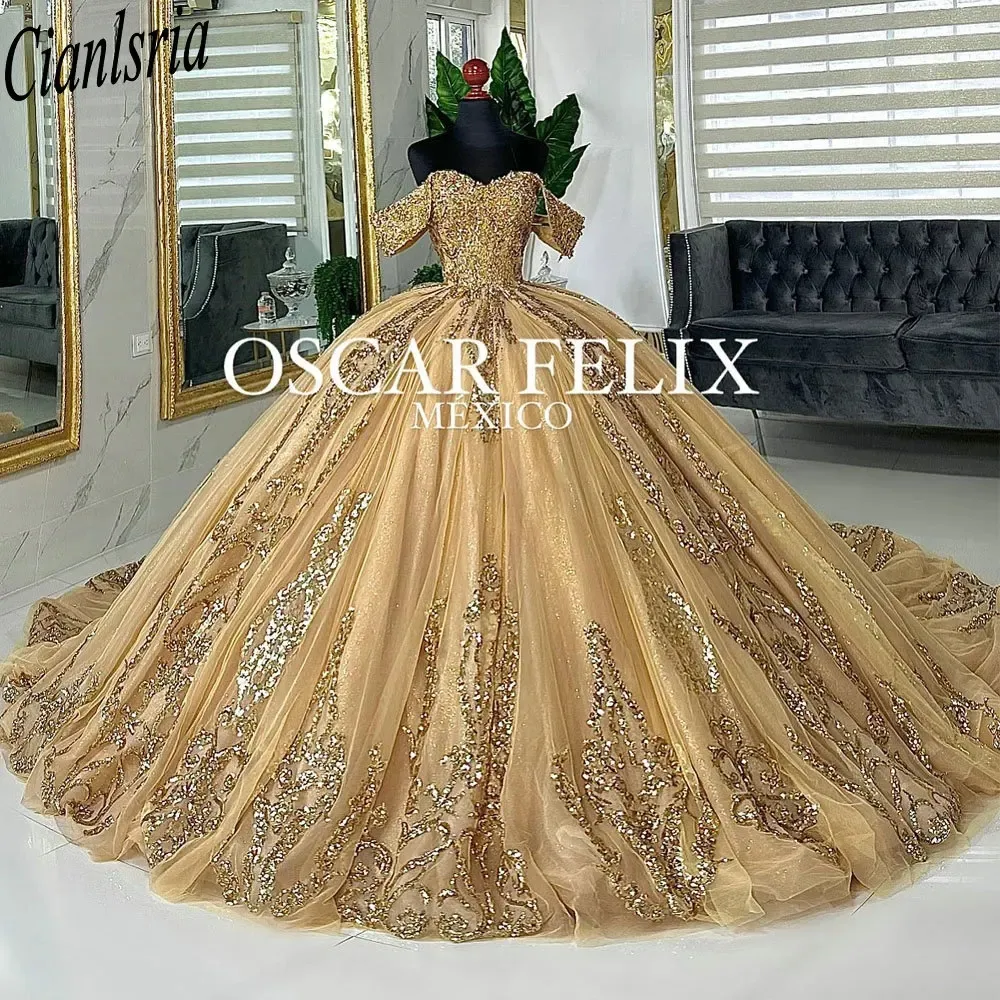 Złota z frezowania ramion sukni piłki quinceanera sukienki cekinowe aplikacje koronkowe gorset vestidos de 15 anos