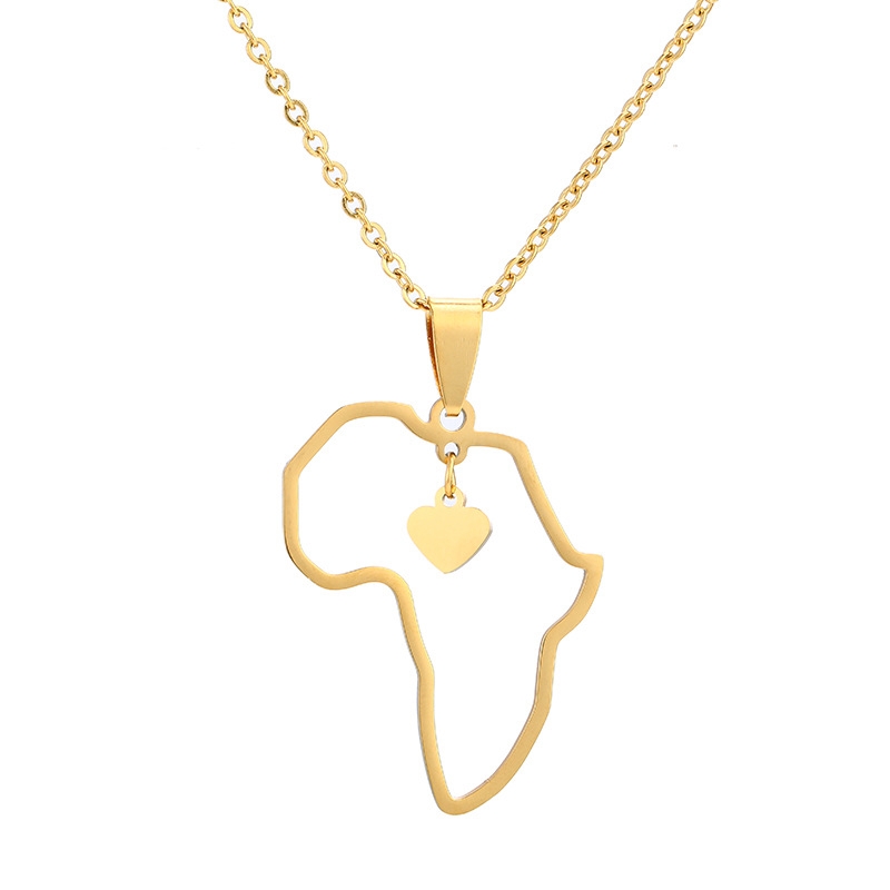 Africa Map with Small Heart Necklace African Religious Amulet Pendant Necklaces Stainless Steel Collar Choker