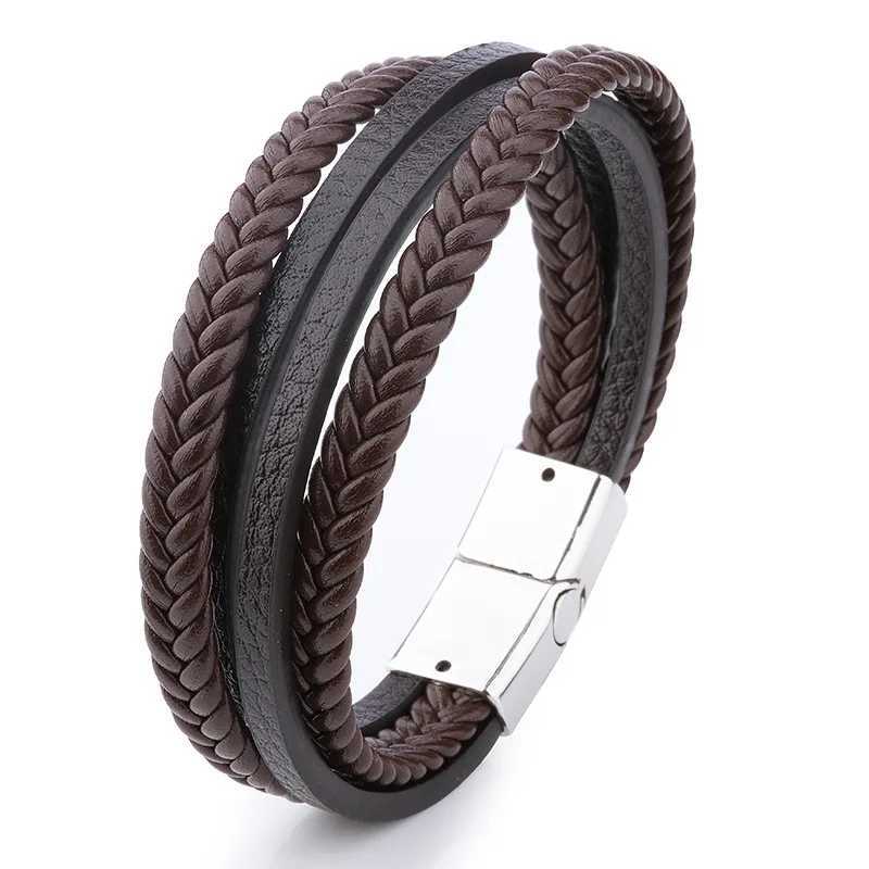 Other Bracelets ZG 2023 Vintage Design Handwoven Bracelet for Men Alloy Magnetic Buckle Leather Bracelet JewelryL240415