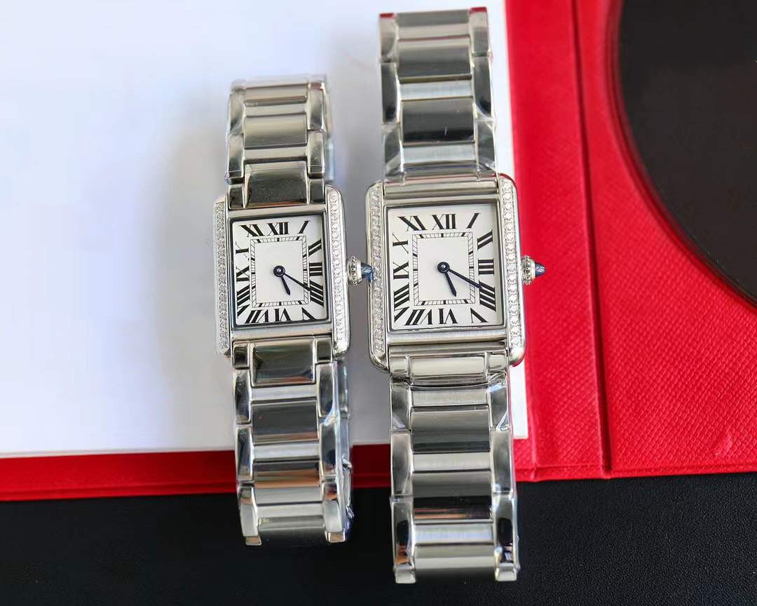 Modepaare Zirkon Rechteck Tank Uhr Frauen Männer Quarz Armbanduhr Sapphire Edelstahl Muss Francaise Clock Roman Number 30mm 34mm
