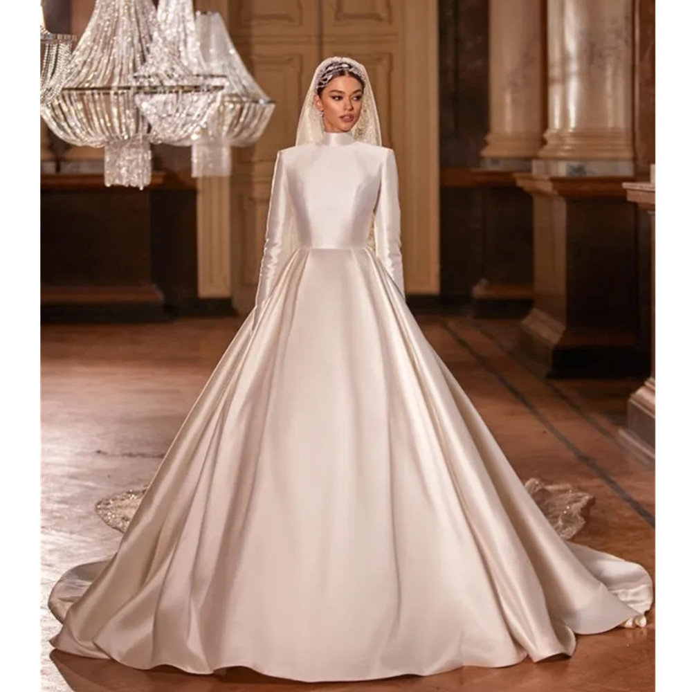 High Collar Muslim Ball Gown Wedding Dresses With Long Sleeves Modest Satin Church Bridal Gowns Court Train Illusion Buttons Back Dubai Arabic Vestidos YD