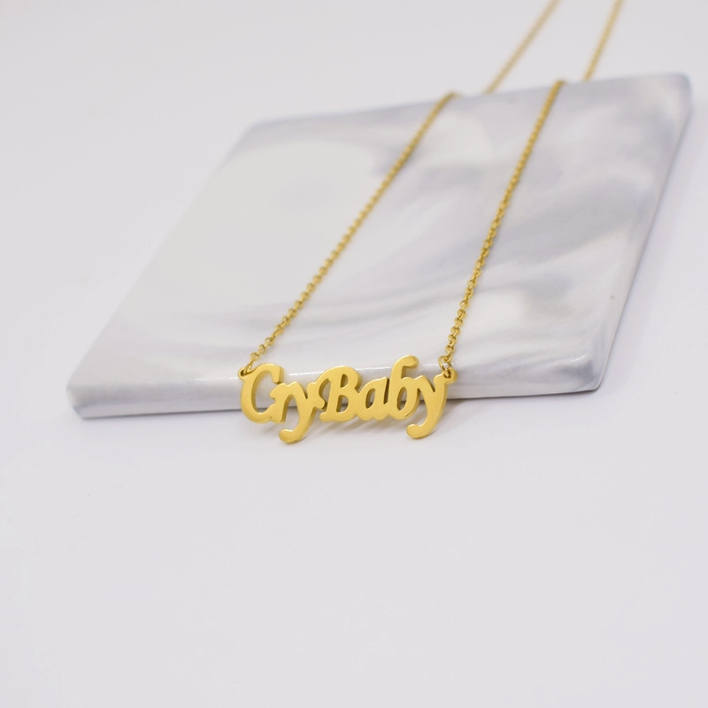 Cute Gothic Crybaby Letter Necklace Cry Baby Word Stainless Steel Cursive English Script Charm Chain Choker for Women Girl Child