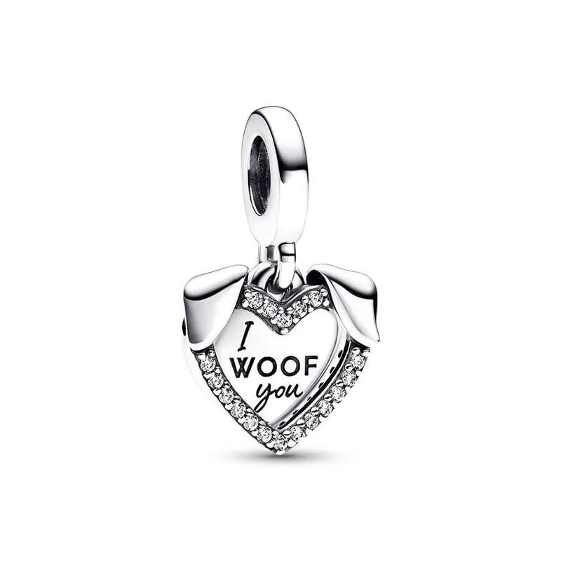 925 Silver Charm Heart Dog Double Charme Pet Pet Pipy Dog Charme Charme Fit Bracelet Femme Bijoux DIY