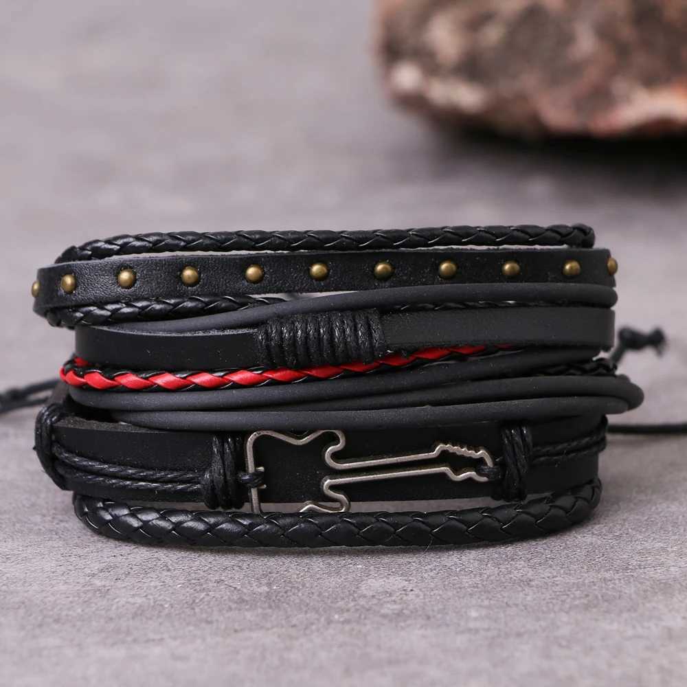 Другие браслеты Daxi Punk Multilayer Leather Bracelet Set Eye Wings Wings Star Charms Bears Браслеты для мужской вечеринки готические ювелирные украшения панк -брастель Ristanl240415