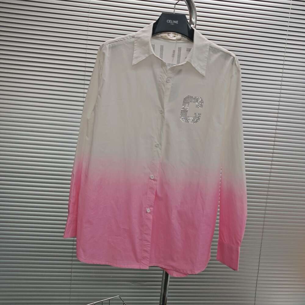 Designer Ce24ss New Cy Pink Sparkling Design Loose Shirt Letter Hot Diamond Tie Dye Gradual Color Change