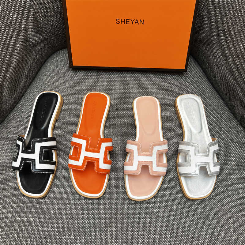 Oran Sandals Summer Leather Slippers Genuine Leather Suitable for 2024 new womens summer flat bottomed flip flops fashionable color blocking internet red sli HF20