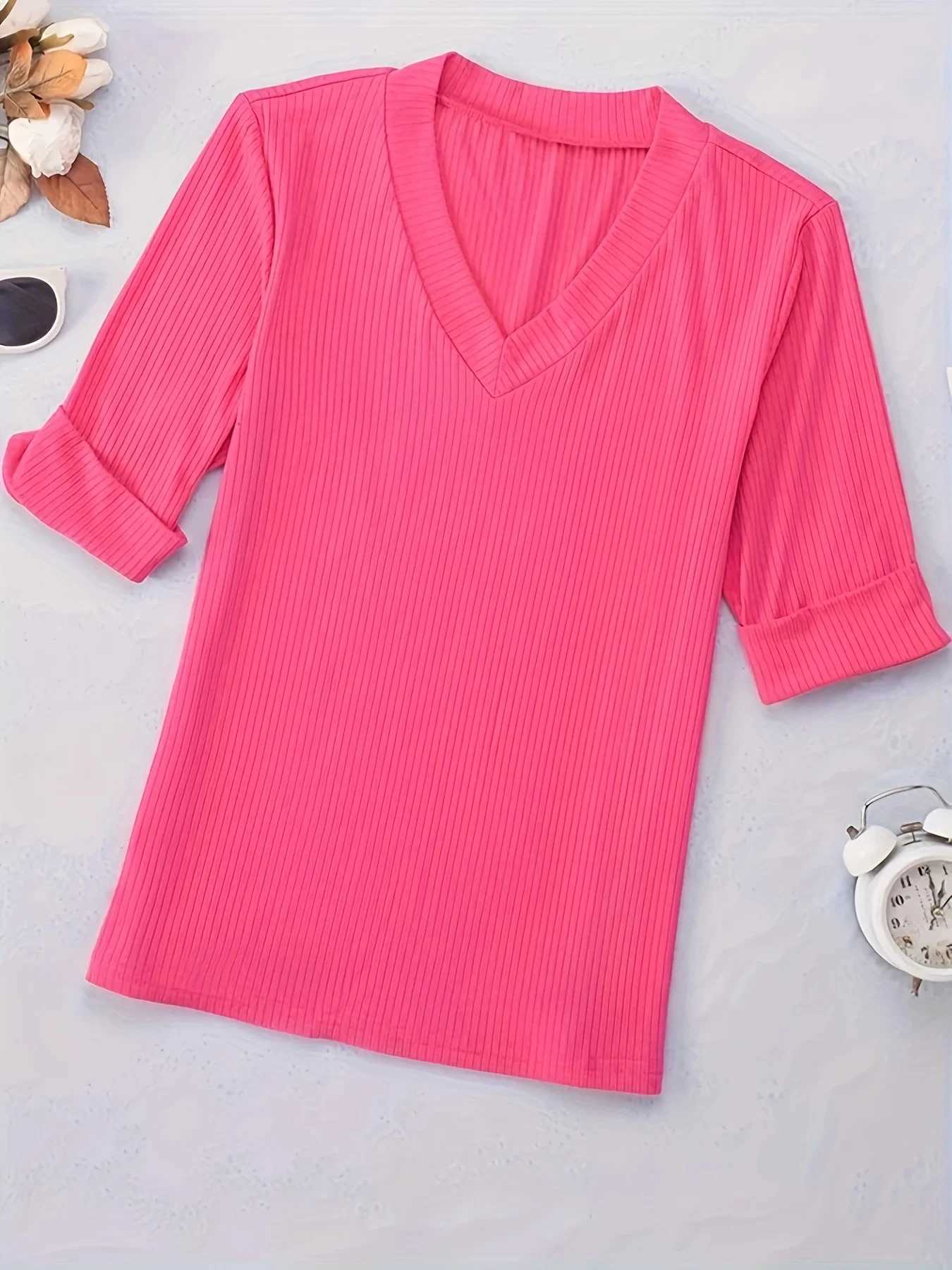 Damen T-Shirt Plus Size Women Casual V Neck Solid Color T-Shirt Topl2403