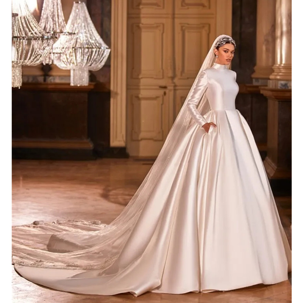 High Collar Muslim Ball Gown Wedding Dresses With Long Sleeves Modest Satin Church Bridal Gowns Court Train Illusion Buttons Back Dubai Arabic Vestidos YD