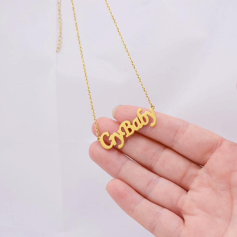 Cute Gothic Crybaby Letter Necklace Cry Baby Word Stainless Steel Cursive English Script Charm Chain Choker for Women Girl Child