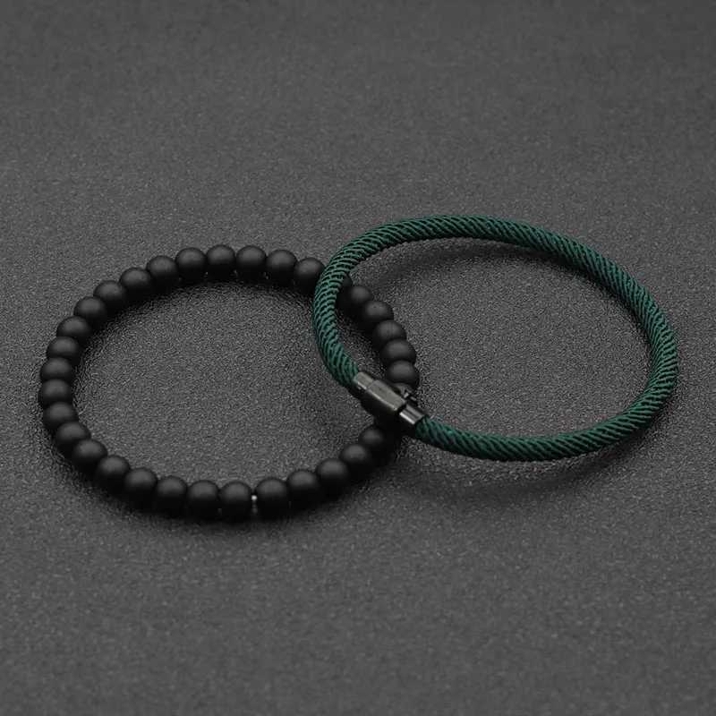 Other Bracelets Economic Matching Bracelet Set Unisex 6mm Onyx Stone Braclet 4mm Cord Chain Braslet Paired Couple Brazalete Pulseira JoiasL240415