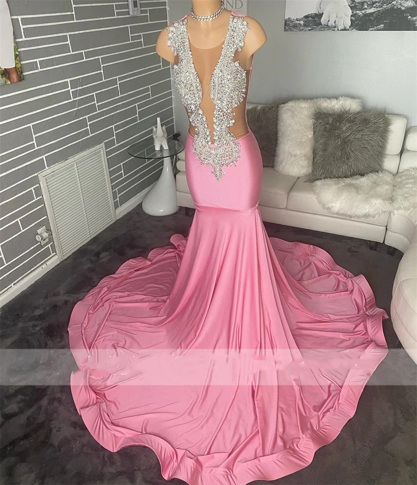  Neck Mermaid Prom Dresses 2024 For Black Girls Beaded Crystal Rhinestone Long Birthday Party Formal Gown Robe De Bal