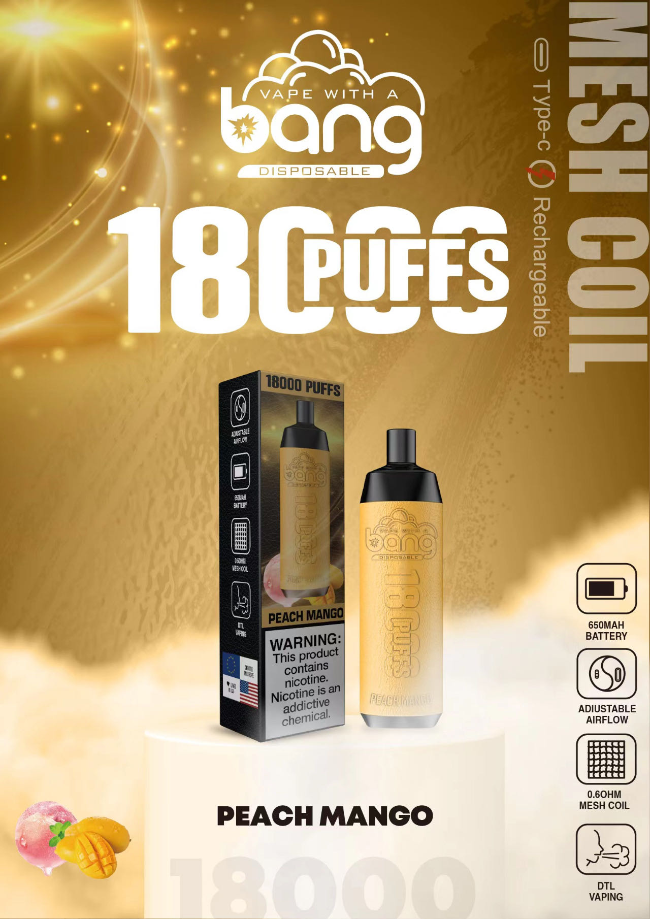 원래 Bang 18000puff 일회용 담배 24ml, 16 플라보, 650mAh 대 임의의 토네이도 담배 9K, 12000 비 오염 담배.