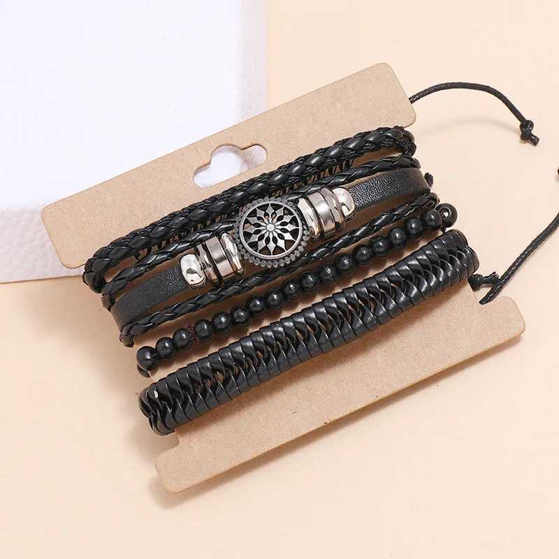 Outras pulseiras Modyle / conjunto pulseiras de couro ajustáveis para homens trançados pretos Brown Bangle Life Tree Folhere Rashder Bracelet Giftl240415