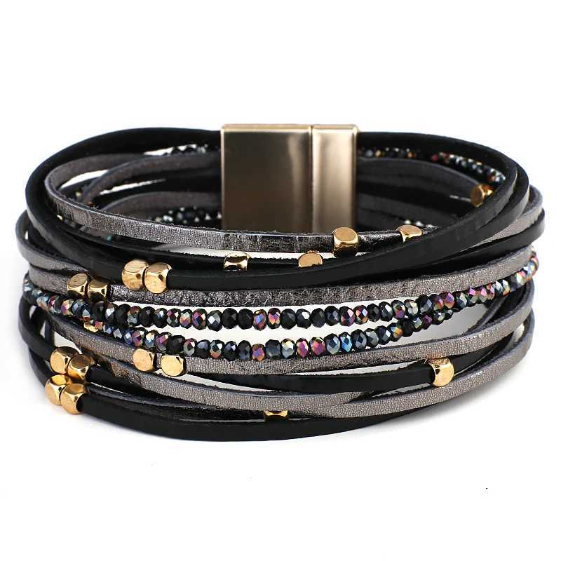 Other Bracelets ALLYES Champagne Genuine Leather Bracelets for Women Boho Multilayer Metal Charm Resin Beads Wrap Bracelets Fashion JewelryL240415