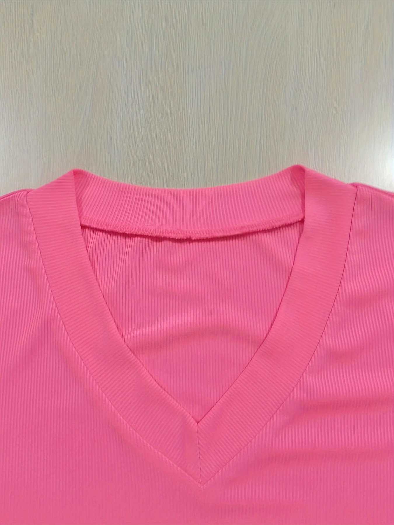 Damen T-Shirt Plus Size Women Casual V Neck Solid Color T-Shirt Topl2403