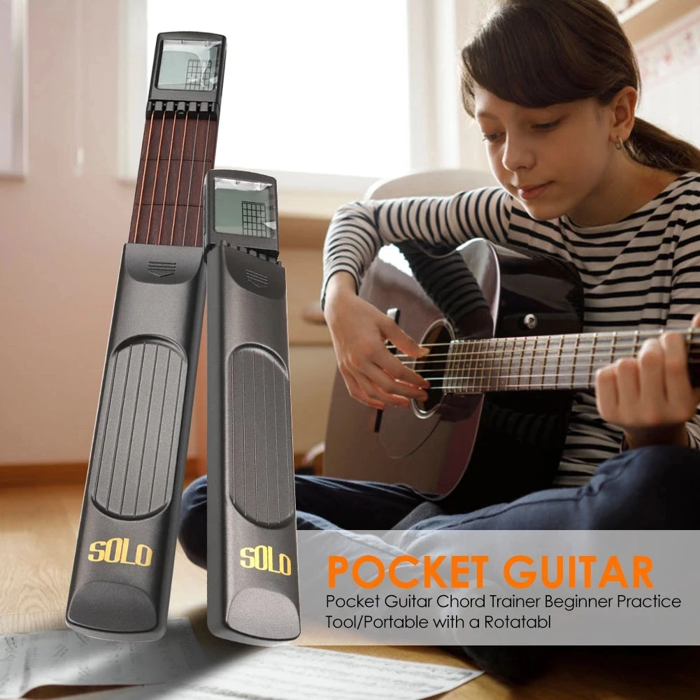 Guitar 6String Pocket Guitar Chord Trainer Folk Guitar Practice Tool Gadget 6 Frets with Rotatable Chords Chart Screen for Beginners