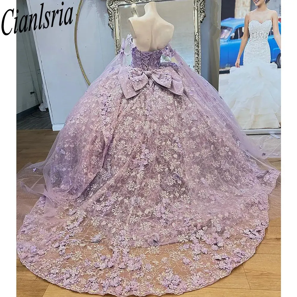 Lilac hors de l'épaule Crystal en dentelle Crystal Robe Quinceanera Robe 3d Fleurs Ribbons Bow Corset Vestidos de XV Anos