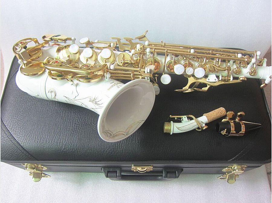 Nieuwe gebogen sopraansaxofoon S-991 Wit Sax Musical Instrument Mondstuk Professionele uitvoering