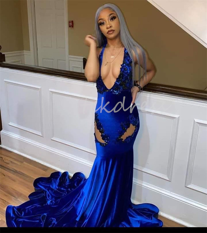 Sexig Deep V Neck Prom -klänningar 2024 Se genom Mermaid Royal Blue Evening Dress South African Black Women Ceremony Formell tillfälle Festklänningar Vestidos de Noite